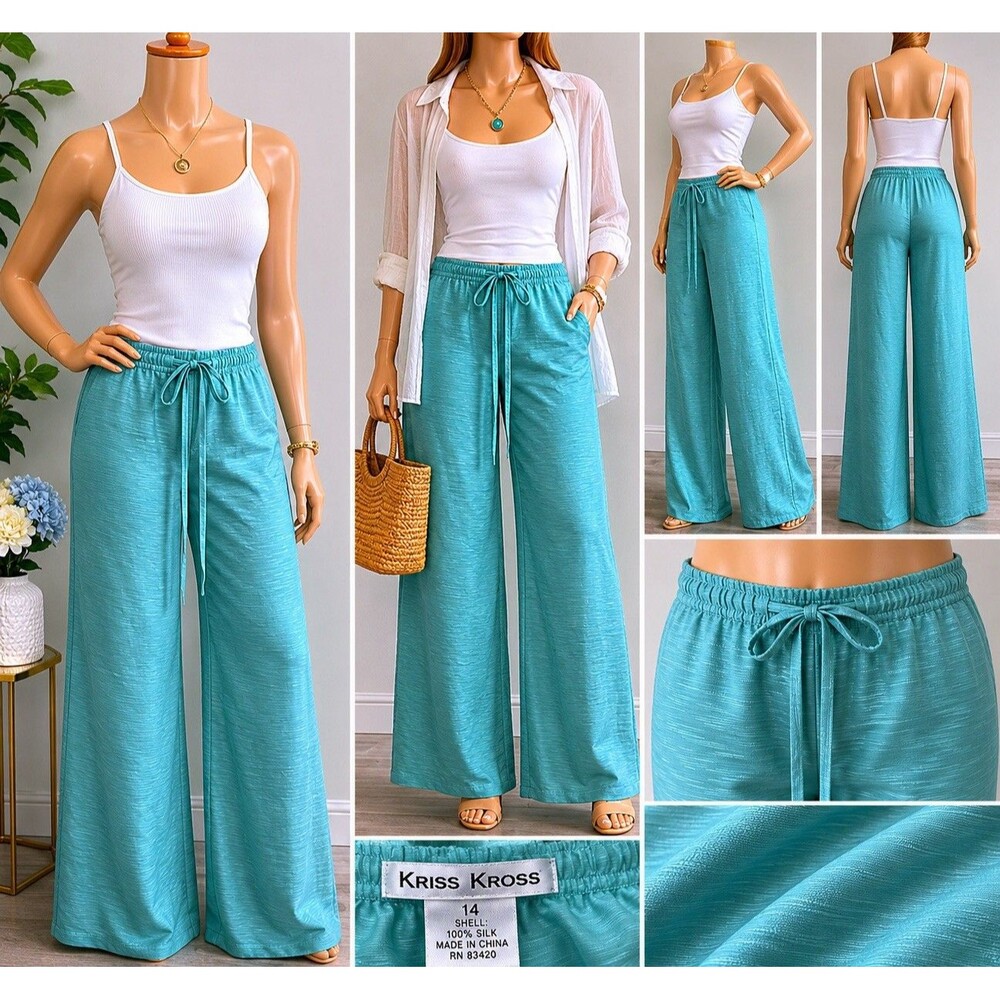 Kriss Kross Silk wide  Leg Capri Casual Pants Teal Size 14 Pull on Elastic Waist